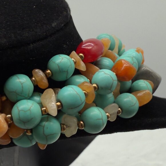 Vtg Multi Strand Beaded Turquoise Red Stone Choker Necklace Sterling Clasp - Picture 7 of 9